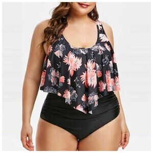 New Amazon High Waist Swimwear Tankini & Bottom Set Ruffles Swimsuit Size 2XL